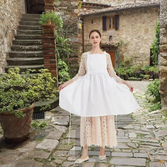 Vintage Adjustable Ruffle White Apron Maid Pioneer Costume Victorian Style Cotto - Picture 5 of 7